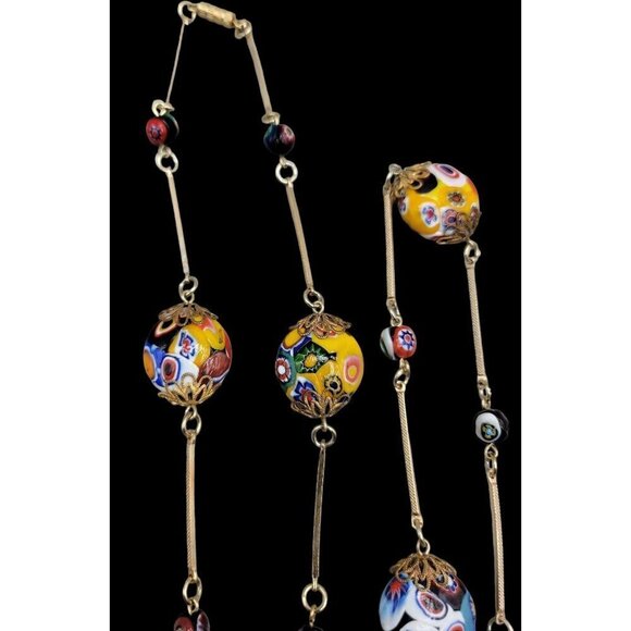 Venetian Murano Millefiori Art Glass Bead Necklace Bar Link Stations 40" Opera - Picture 15 of 16